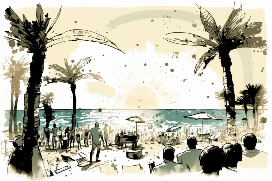 Beach club pri zalasku sunca s kolektivnom energijom i siluetama u pokretu