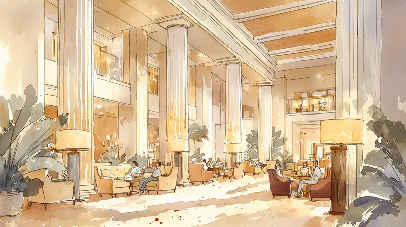 Hotel lobby at dusk with warm ambient lighting