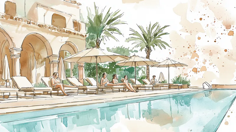 Luksuzni hotelski bazen s ležaljkama i gostima koji se opuštaju pod suncobranima
