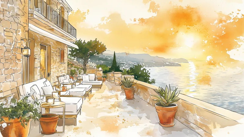 Hotelska terasa s vanjskim sjedenjem i pogledom na Mediteran u zlatni sat