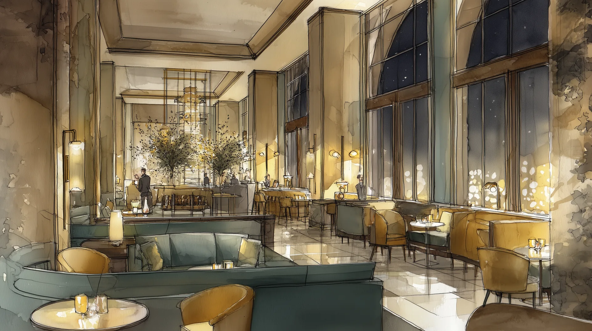 Prabangus viešbučio poilsio kambarys su aksominėmis sėdynėmis ir švelniu apšvietimu