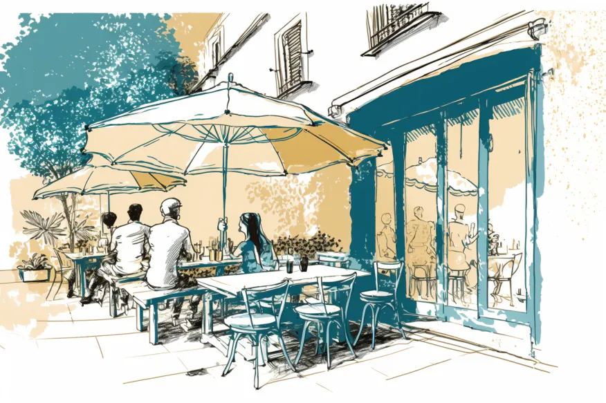 Restoran ujutro s praznim stolovima i jutarnjim svjetlom koje ulazi kroz prozore