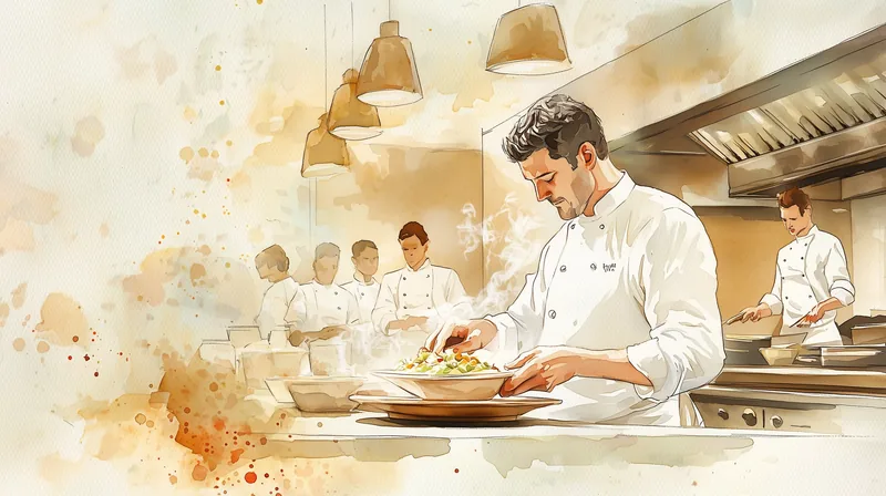 Restoranska kuhinja s chefom koji servira jelo u dinamičnom kulinarskom trenutku